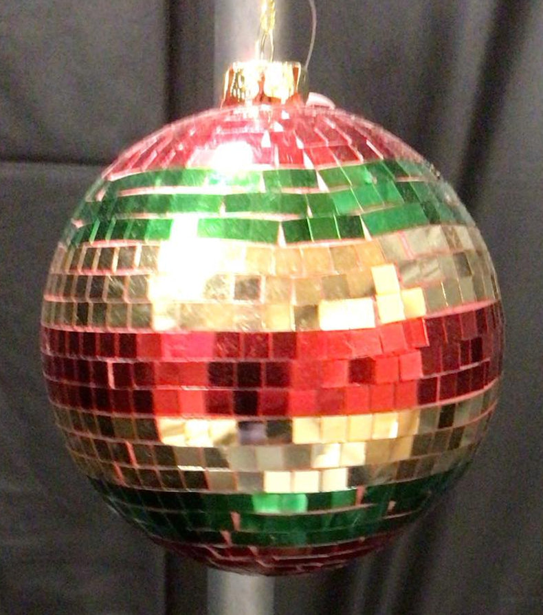 XJ719376 - 100 mm Stripe Mirror Ball Ornament - Red, Emerald Green, Gold
