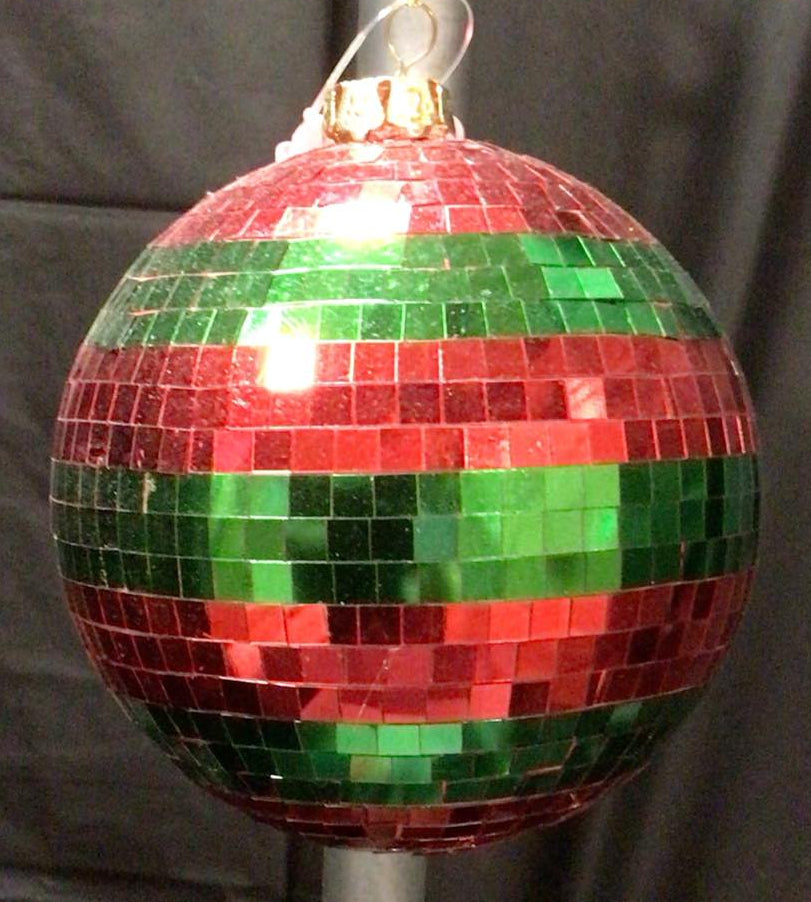 XJ719336 - 100 mm Stripe Mirror Ball Ornament - Red & Emerald Green